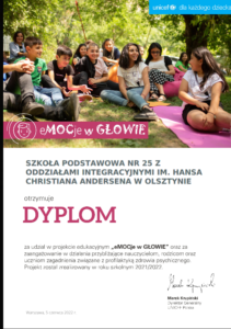 Dyplom UNICEF 2021-22 Emocje w głowie