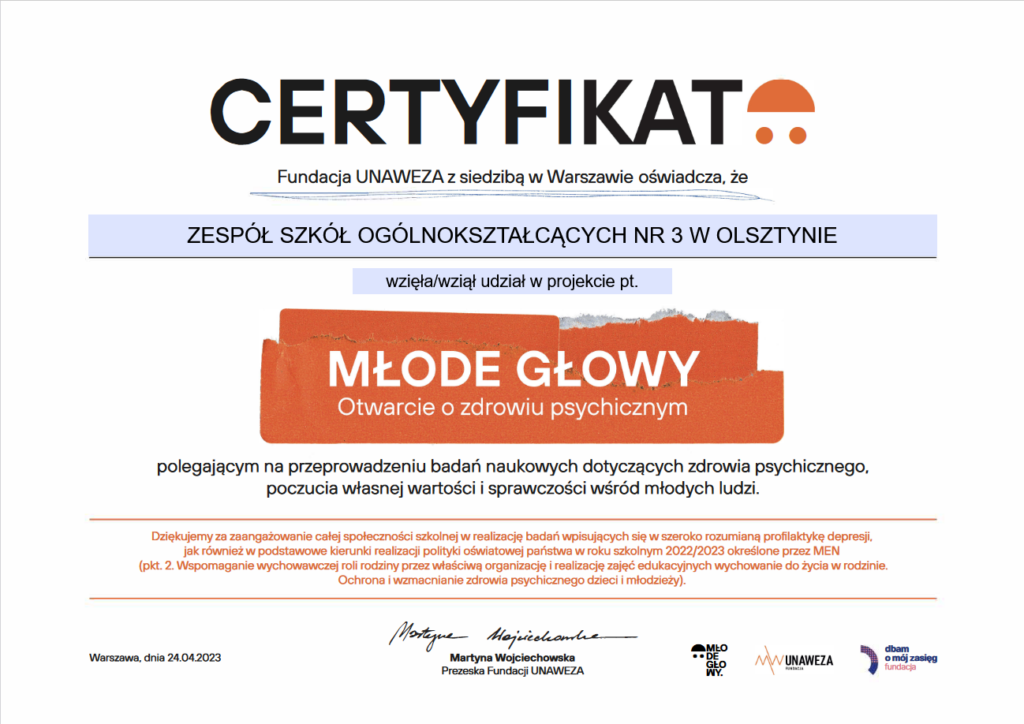 certyfikat projektu MŁODE GŁOWY