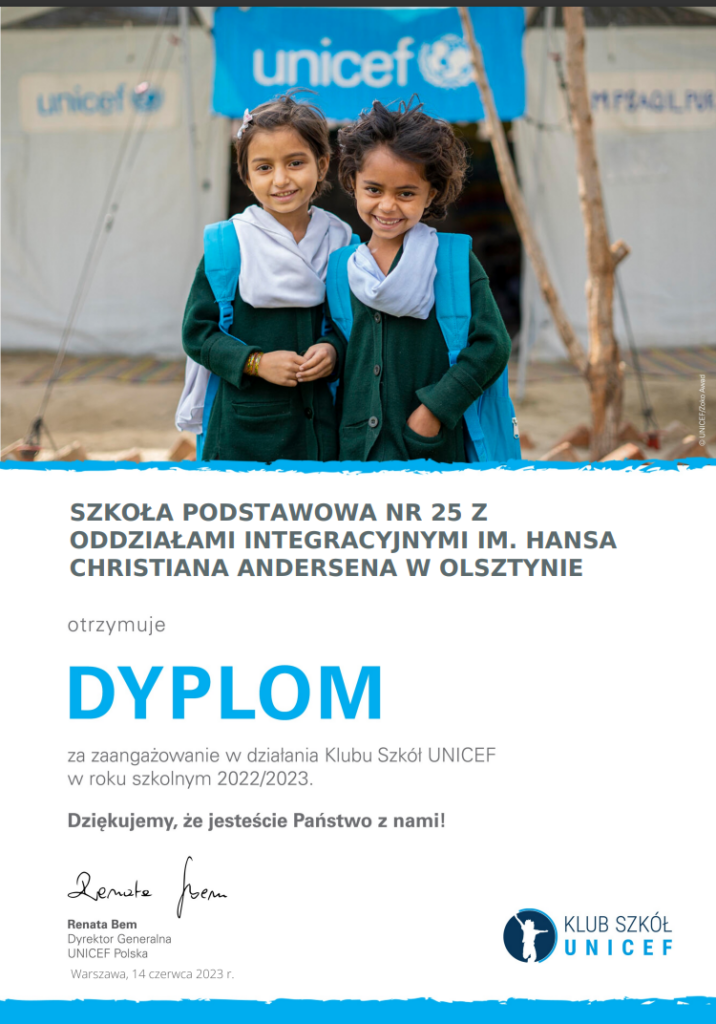 dyplom UNICEF za zaangażowanie